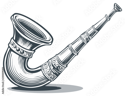 Illustration of a stylized vintage musical horn, isolated view.