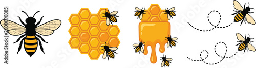 Honey bee icons with golden honeycomb, dripping nectar, and flying dash lines, summer garden nature elements, isolated on white, flat