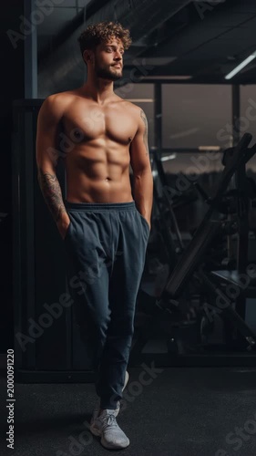 Shirtless male caucasian young adult muscular athlete standing in gym with hands in pockets confident pose