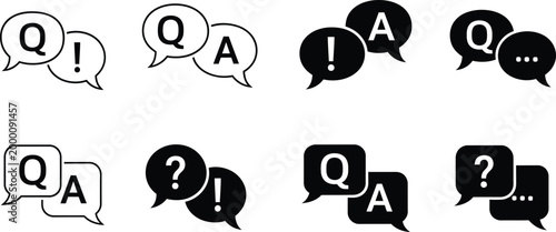 Question and answer speech bubble icons set black and white