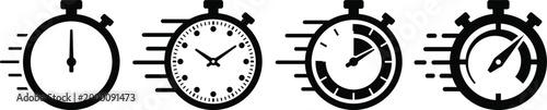 Fast timer and stopwatch icons, motion speed clock graphics, time management symbols, quick countdown elements, deadline, delivery, urgency concept