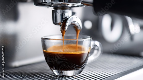 A coffee machine dispenses rich espresso into a clear glass cup. The scene shows a close view of the brewing process, capturing the moment in a casual setting