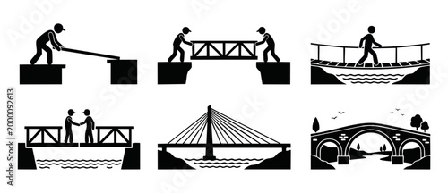Bridge Construction Icons Set, Building Infrastructure and Connectivity Concepts, Business Teamwork and People Crossing Bridges, Simple Vector Illustration for Engineering, Architecture, and Logistics