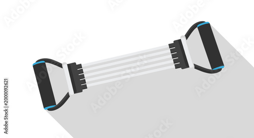 Chest expander resistance band with two black handles and multiple white elastic cords is used for fitness training.