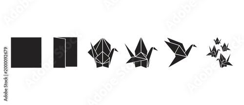 Origami Paper Crane Folding Process Step-by-Step Guide Flat Icon Set for Instructional Design and Craft Projects Featuring Minimalist Black Shapes on a White Background for Creative Visual Storytellin