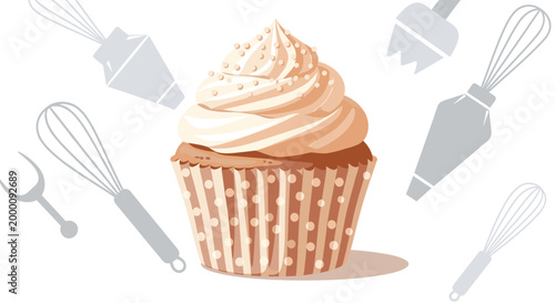 Delicious frosted cupcake is surrounded by light gray silhouettes of various baking and piping utensils in a pattern.