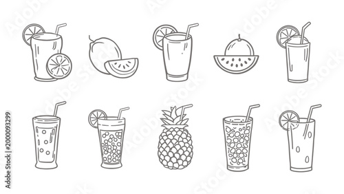 Foto Refreshing Collection: A set of delicious drink icons, each a perfect embodiment of refreshment, showcasing vibrant fruits and delightful beverages