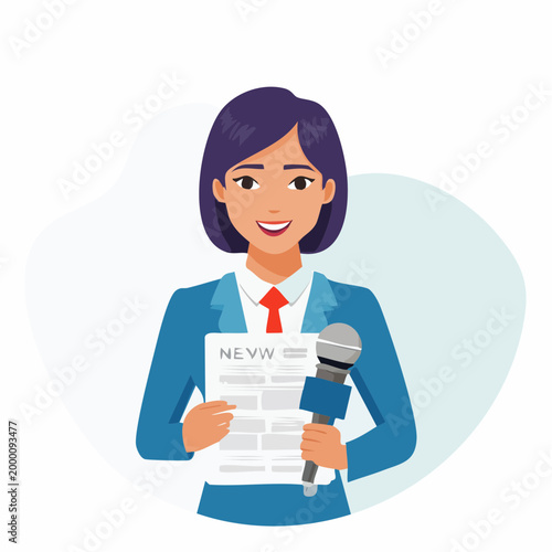 Female News Reporter Holding Microphone and Newspaper