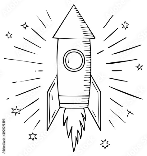 Hand-drawn rocket launching with stars and radiating lines illustration for space exploration and future concepts.