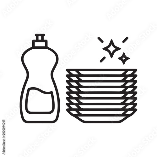 Dish Soap Detergent Bottle and Clean Stacked Plates Vector Icon
