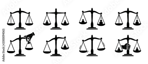 Justice Scales Icon Set, Legal Law Weight Balance Symbols, Courtroom Judgment Vector Graphics, Fair Trial Decision Concepts, Corporate Compliance and Ethical Governance Elements for Professional Brand