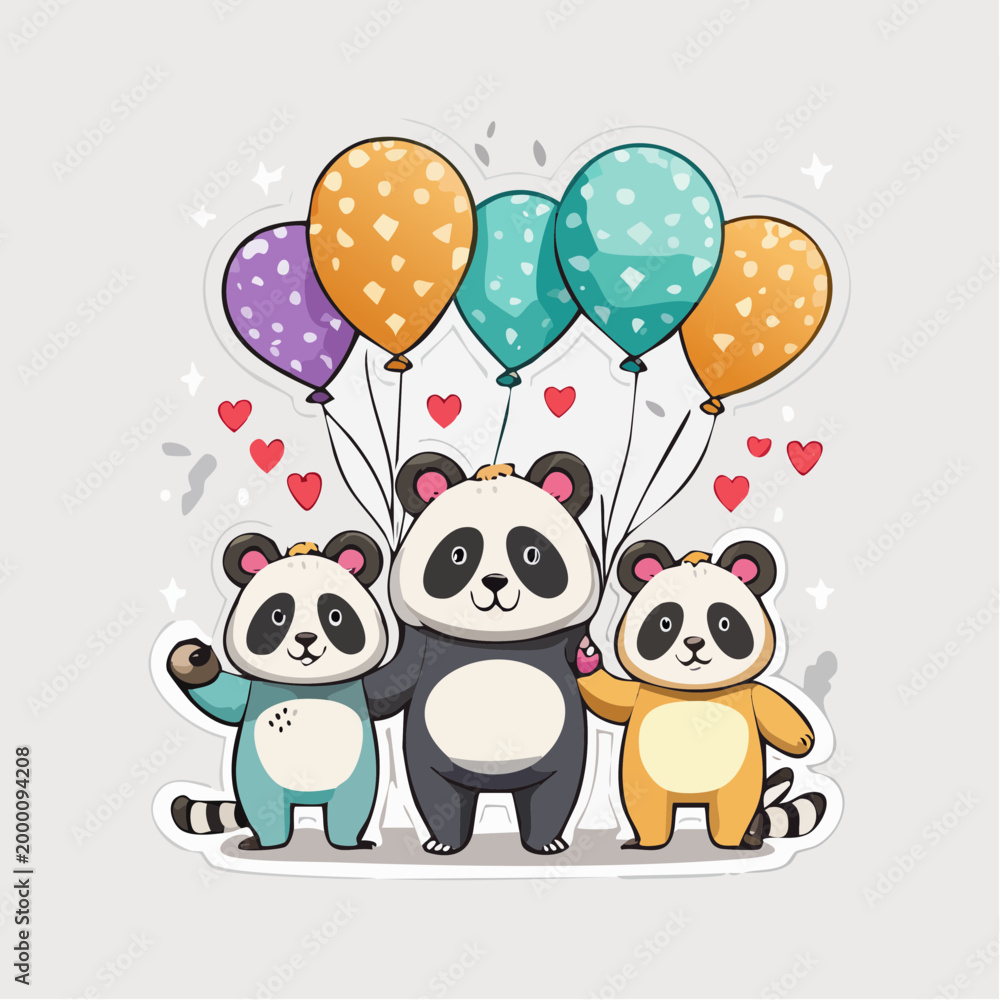 Obraz premium Three Cute Pandas Holding Balloons