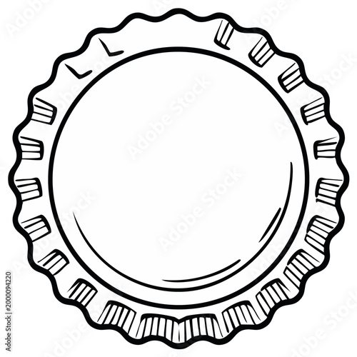 Black and white illustration of a bottle cap, circular design, isolated.