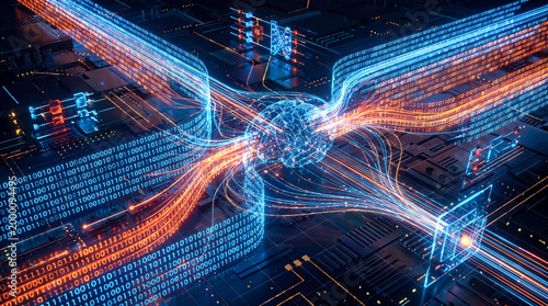 futuristic glowing digital brain processing complex binary data streams artificial intelligence machine learning algorithm deep neural network visualization modern high speed computing background