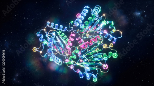 3d render colorful protein molecule structure glowing scientific research biology chemistry medicine laboratory health genetics dna sequence complex abstract science background macro