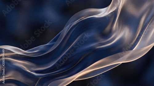 Abstract elegant dark blue silver flying silk fabric smooth wave luxury background flowing material motion soft textile 3d render artistic fashion texture