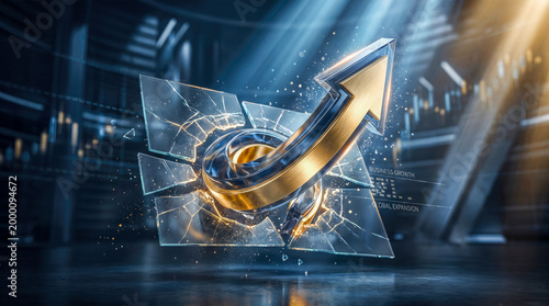 Golden arrow breaking through glass financial growth success business profit upward trend stock strategy investment wealth trading economy achievement concept background render