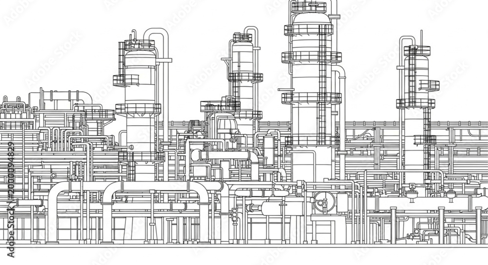 Fototapeta premium Industrial power plant with tall smokestacks and complex machinery.