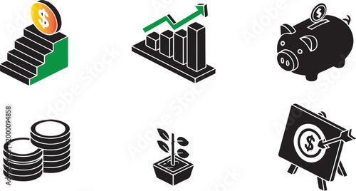 Isometric financial growth icons savings investment and target achievement