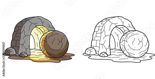 Empty Tomb of Jesus with Rolled Away Stone and Glowing Light, Easter Resurrection Vector Illustration and Outline Coloring Page