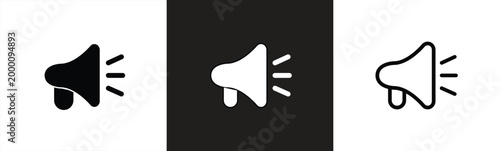 Megaphone icon set for alerts, announcements, marketing, and promotions. Ideal for social media advertising, in editable outline, border, and solid styles. Vector illustration