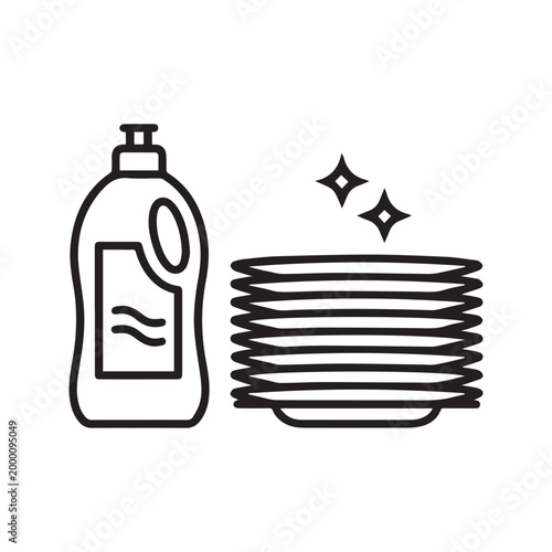 Dish Soap Detergent Bottle and Clean Stacked Plates Vector Icon
