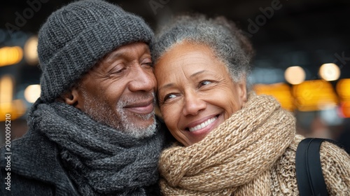 Affectionate senior couple embracing at an airport terminal with warm lights for travel reunion banner and advertising background