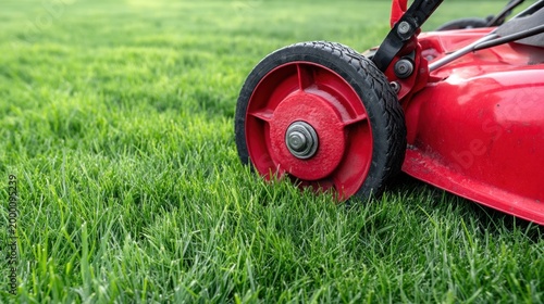 Close up red mower wheel and deck on lush green grass for lawn care maintenance background and garden banner