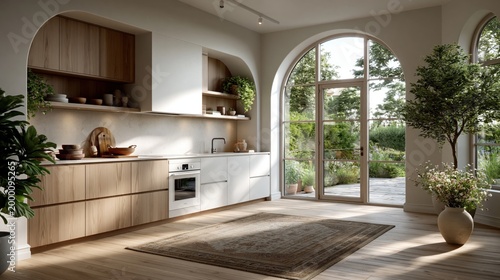 Spacious scandinavian minimal kitchen with integrated white and light ash wood cabinetry arched glass doors and indoor plants for interior design wallpaper