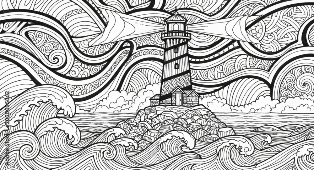 Naklejka premium Lighthouse guiding ships through stormy seas with bright light beams.