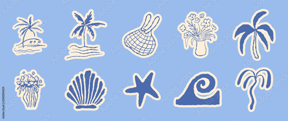 Obraz premium Vector hand drawn sketch doodle illustrations in naive art style, summer sea and beach vacation theme, stickers and drawing for tropical coastal prints