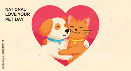 Cute pets, dog and cat, heart illustration, National Love Your Pet Day, animal lovers, pet owners