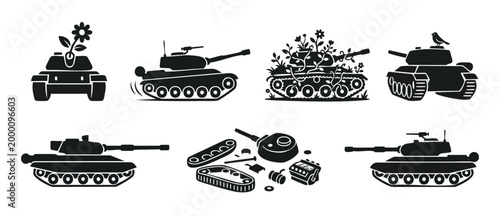 Military Tank Silhouettes Collection with Flower and Bird Icons, Army Armored Vehicle Vector Graphics for Peace and War Concepts, Isolated Black and White Flat Design Elements for Creative Projects