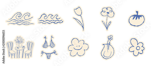 Vector hand drawn sketch doodle illustrations in naive art style, summer sea and beach vacation theme, stickers and drawing for  tropical coastal prints, posters and banners