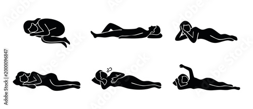 Woman sleeping positions icon set, lying female body silhouettes for healthy sleep and rest concept, infographic design elements for wellness, bedtime comfort, night posture and relaxation lifestyle.