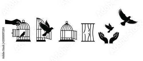 Bird flying out of cage set, freedom and liberation concept icons, black silhouette illustration isolated on white background, animal rescue, escape, hope and peace graphic elements for design project