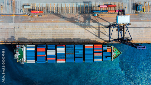 Aerial top view container ship at sea port.