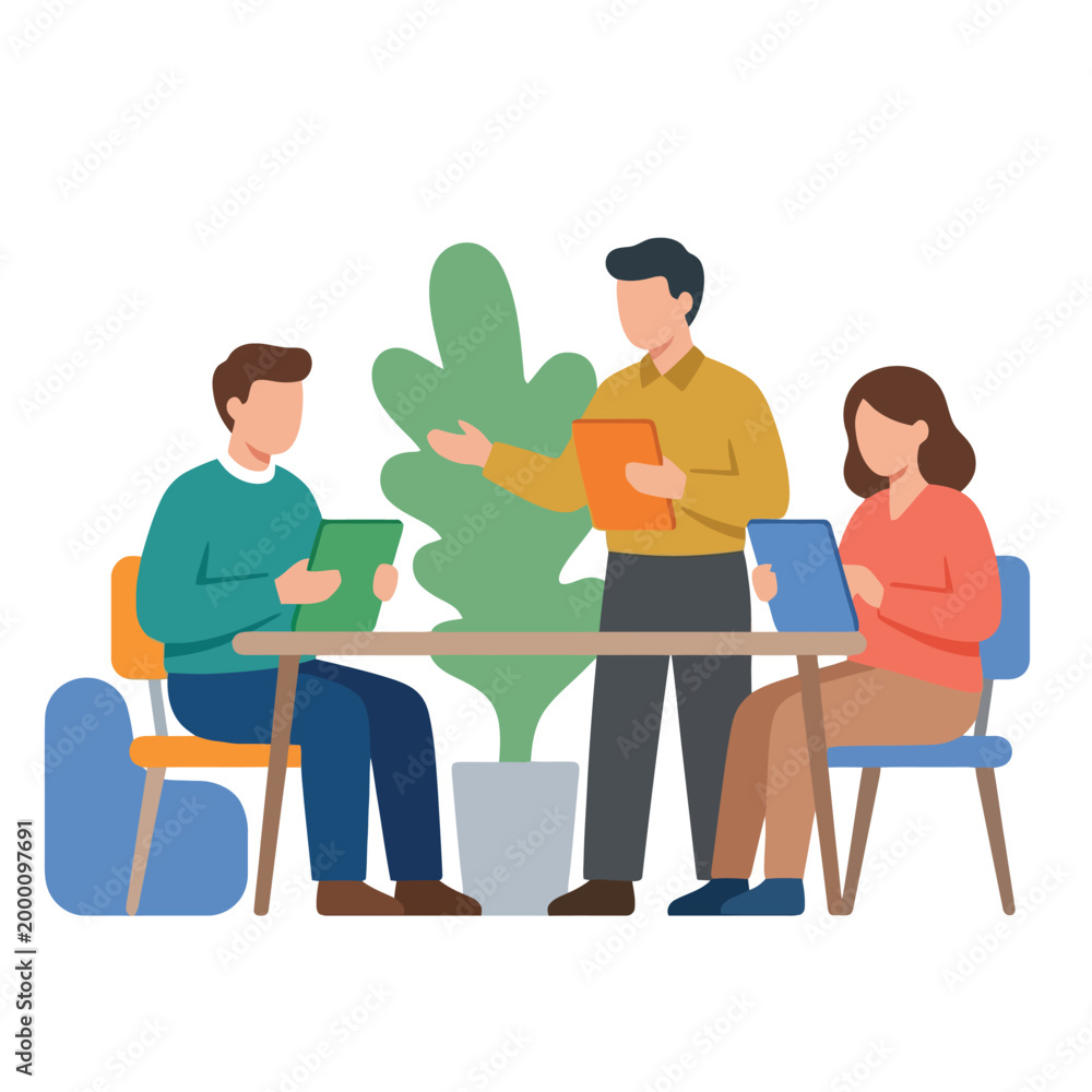 Fototapeta premium Office team meeting in flat vector style.
