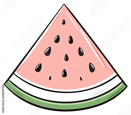Illustration of a watermelon slice showing the pink flesh, green rind and black seeds, summer fruit, healthy snack