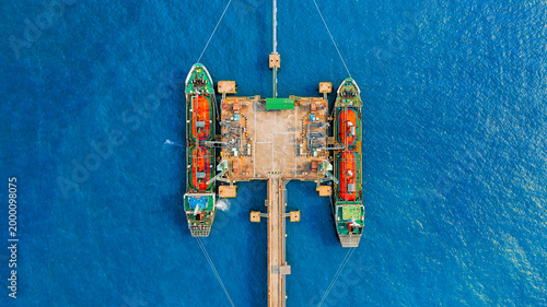 Aerial top view lpg tankers park at oil port.