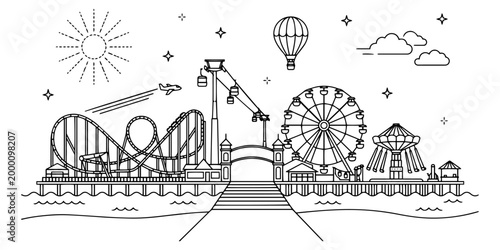Konstfotografi Casino Pier Seaside Heights Skyline Line Art Vector, New Jersey Boardwalk Amusem