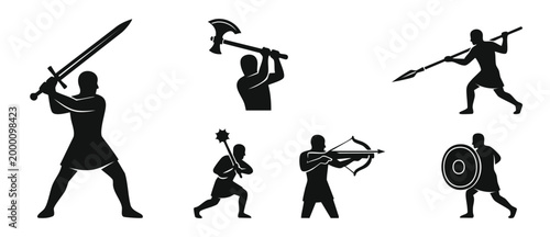 Medieval Warrior Silhouettes Set with Weapons and Combat Poses, Ancient Soldier Icons Fighting with Sword Axe Spear Mace Crossbow and Shield for Historical Games and Graphic Design Projects Isolated