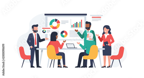 A diverse team of business professionals discusses data and analytical charts during a collaborative office meeting and presentation session.