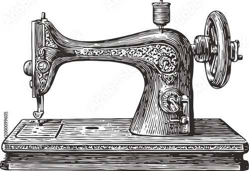 Vintage sewing machine illustration detailed antique handwork equipment for fabric and textile crafting