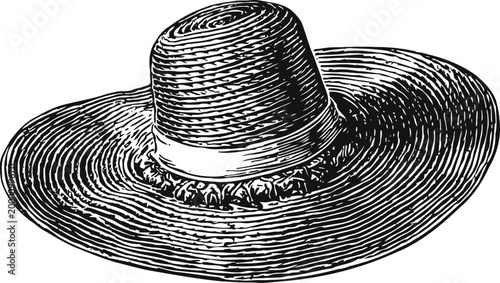 Wide brim straw hat with decorative band, vintage hand drawn sketch illustration