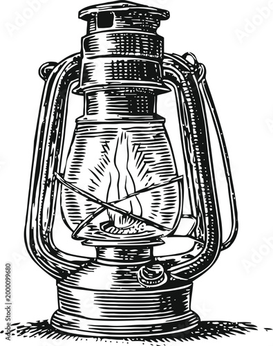 Vintage oil lantern with flame burning, antique camping light illustration in black and white