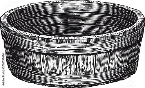 Vintage wooden barrel, round tub container with detailed wood grain and metal bands illustration