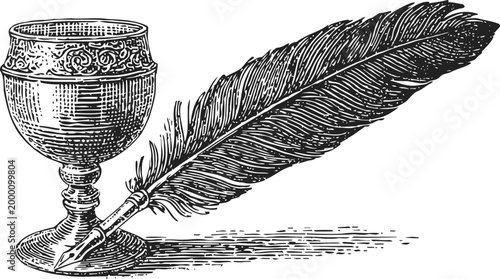 Vintage quill pen and ornate inkwell cup illustration with detailed engraving design