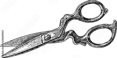 Vintage tailoring scissors detailed black and white illustration for sewing and crafting tools