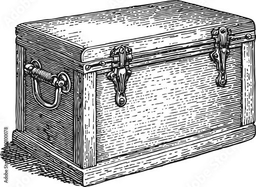 Vintage wooden chest with metal latches and handle, antique storage trunk illustration